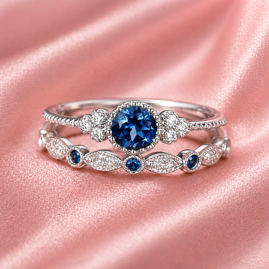 Blue Crystal Vintage Halo Ring Set | Amelia Bellrose Jewellery