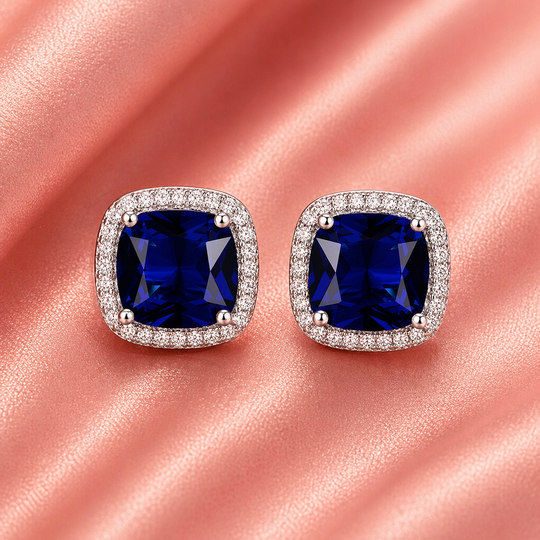 Cushion-Cut Blue Crystal Halo Stud Earrings | Amelia Bellrose Jewellery