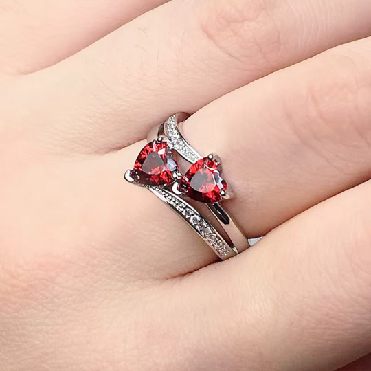 Twin Heart Red Crystal Ring Silver | Amelia Bellrose Jewellery