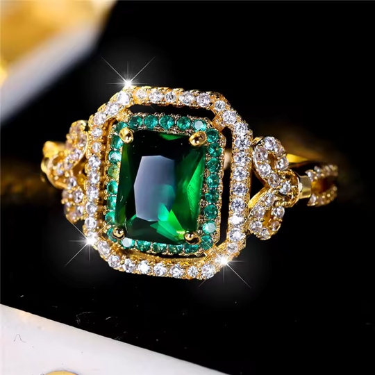 Emerald Crystal Double Halo Gold Ring | Amelia Bellrose Jewellery