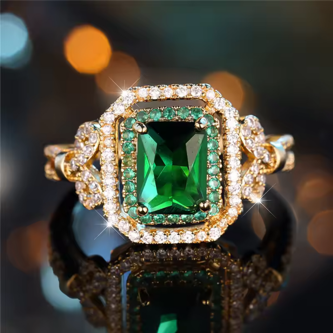 Emerald Crystal Double Halo Gold Ring | Amelia Bellrose Jewellery
