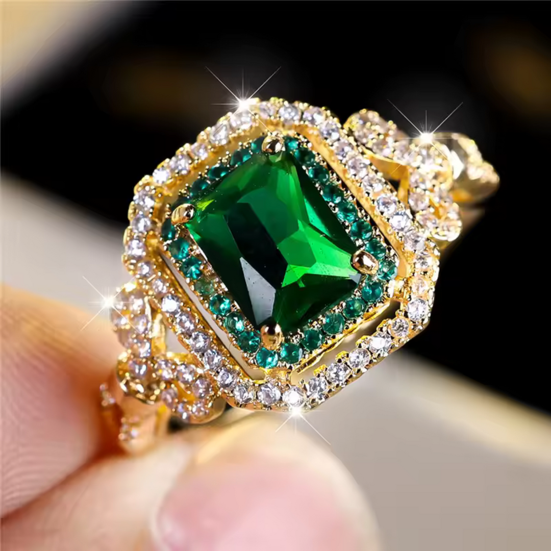 Emerald Crystal Double Halo Gold Ring | Amelia Bellrose Jewellery