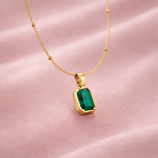 Emerald Cut Green Crystal Pendant Necklace | Amelia Bellrose Jewellery