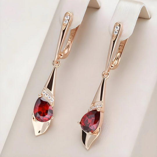 Teardrop Red Crystal Drop Earrings Rose Gold | Amelia Bellrose Jewellery