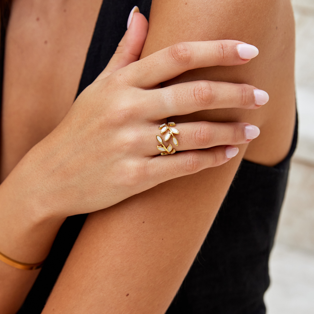 Mother-of-Pearl Leaf Gold Ring | Amelia Bellrose Jewellery