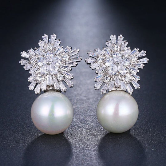 Crystal Snowflake Pearl Stud Earrings | Amelia Bellrose Jewellery