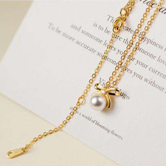 Pearl Bow Necklace Gold & Silver | Amelia Bellrose Jewellery