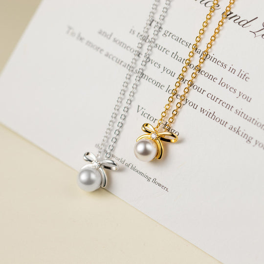 Pearl Bow Necklace Gold & Silver | Amelia Bellrose Jewellery