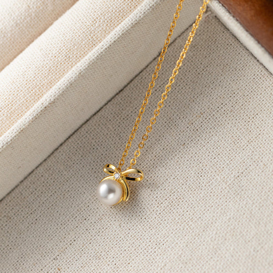 Pearl Bow Necklace Gold & Silver | Amelia Bellrose Jewellery