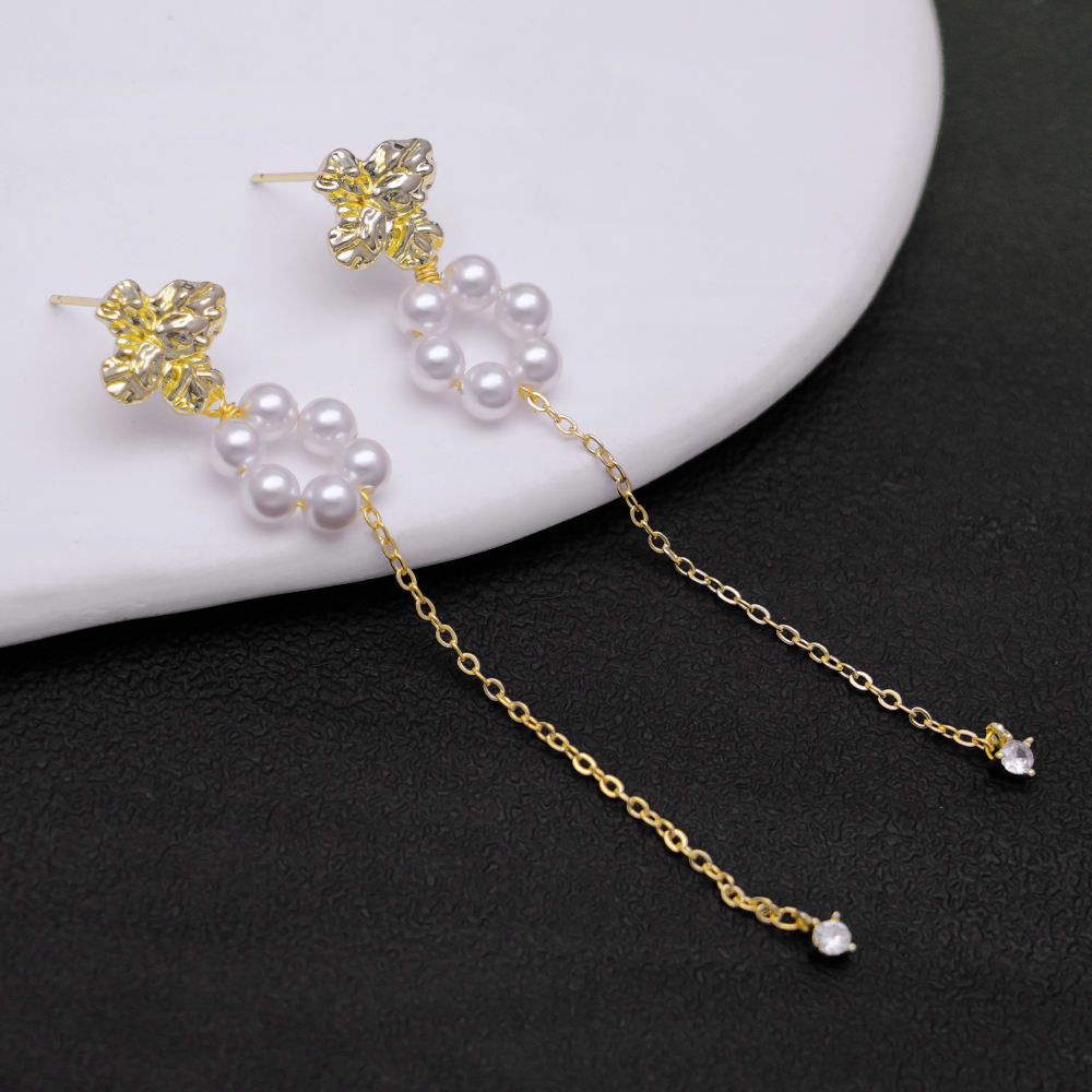 Floral Pearl Chain Drop Earrings Gold | Amelia Bellrose Jewellery