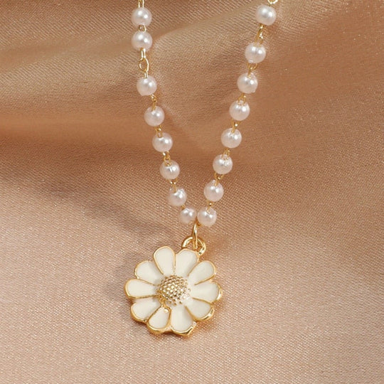 Pearl Chain Daisy Flower Pendant Necklace | Amelia Bellrose Jewellery
