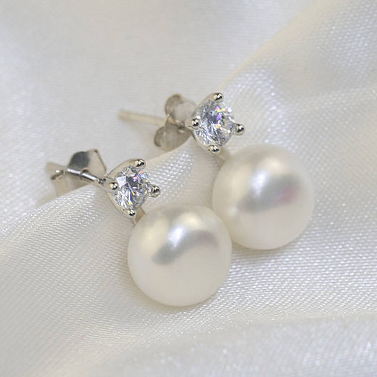 Pearl Crystal Stud Drop Earrings Silver | Amelia Bellrose Jewellery