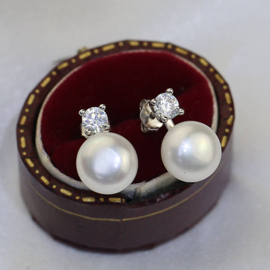 Pearl Crystal Stud Drop Earrings Silver | Amelia Bellrose Jewellery