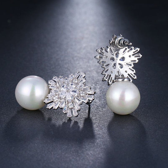 Crystal Snowflake Pearl Stud Earrings | Amelia Bellrose Jewellery