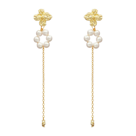 Floral Pearl Chain Drop Earrings Gold | Amelia Bellrose Jewellery