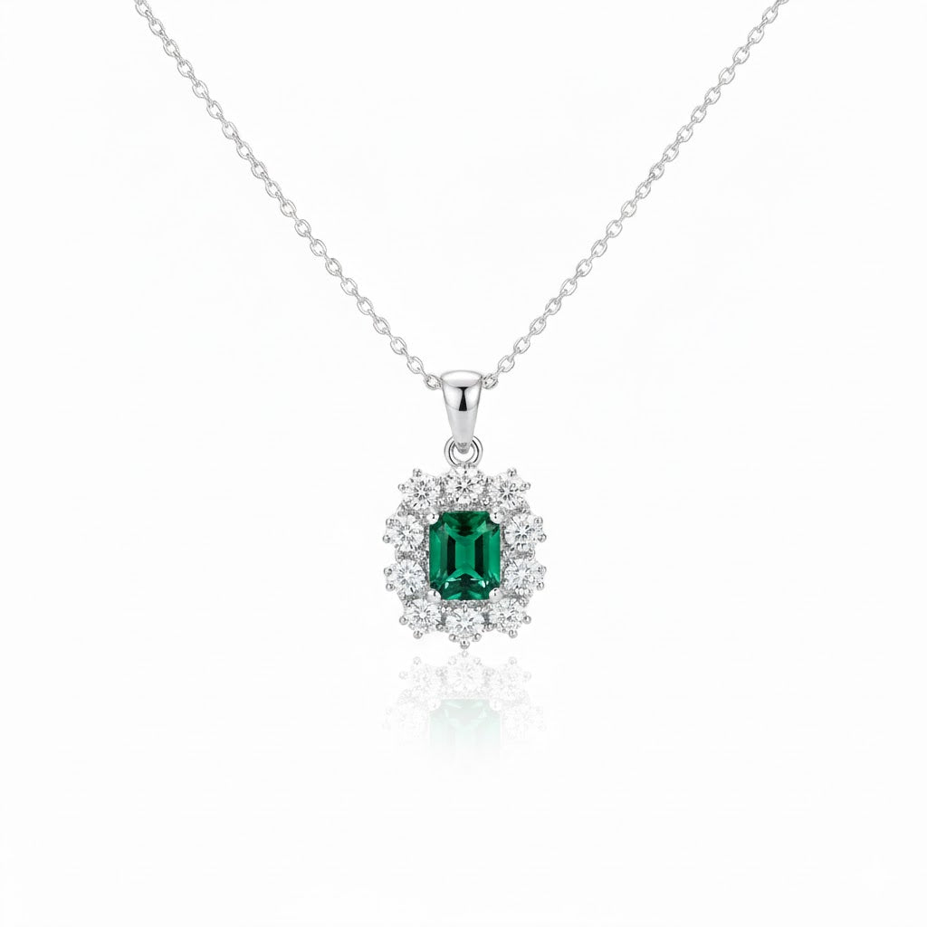 Emerald-Cut Crystal Halo Pendant Necklace | Amelia Bellrose Jewellery