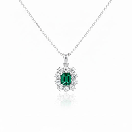 Emerald-Cut Crystal Halo Pendant Necklace | Amelia Bellrose Jewellery