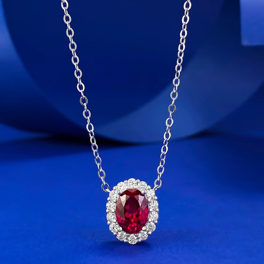 Oval Red Crystal Halo Necklace Silver | Amelia Bellrose Jewellery