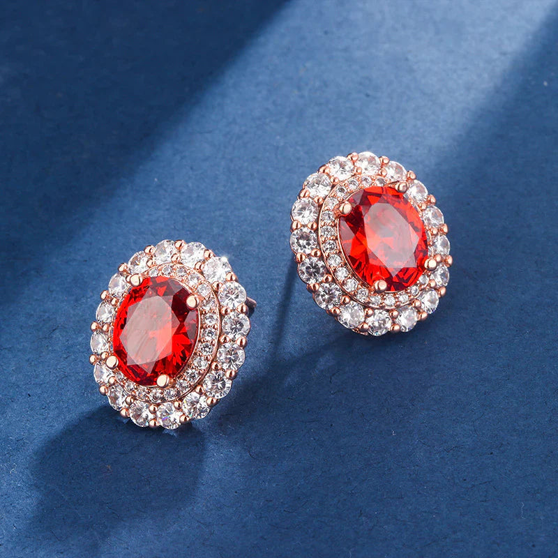 Oval Red Crystal Halo Set Rose Gold | Amelia Bellrose Jewellery