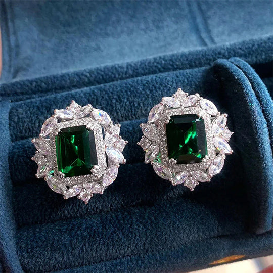Emerald-Cut Floral Halo Stud Earrings | Amelia Bellrose Jewellery