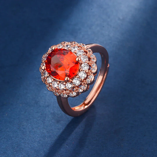 Oval Red Crystal Halo Set Rose Gold | Amelia Bellrose Jewellery