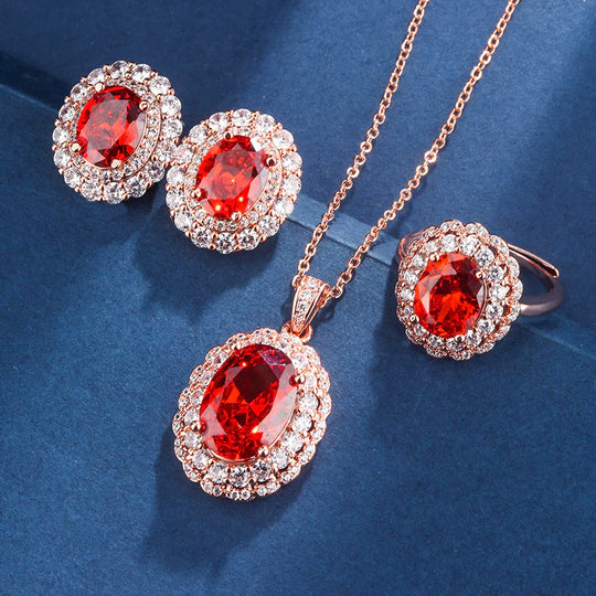 Oval Red Crystal Halo Set Rose Gold | Amelia Bellrose Jewellery