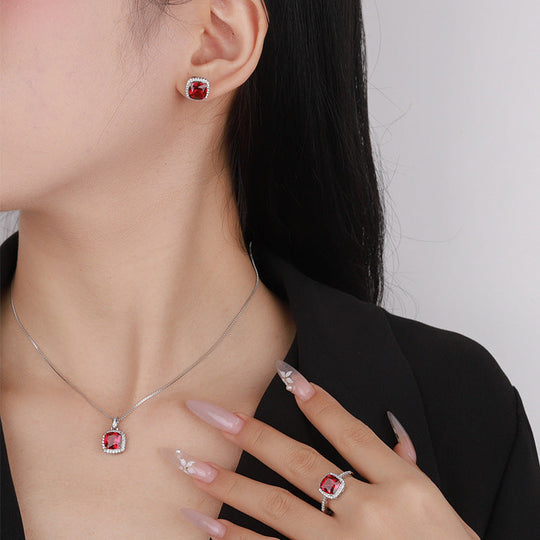 Cushion Cut Red Crystal Ring Silver | Amelia Bellrose Jewellery