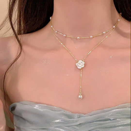 Layered Pearl Floral Drop Necklace Gold | Amelia Bellrose Jewellery