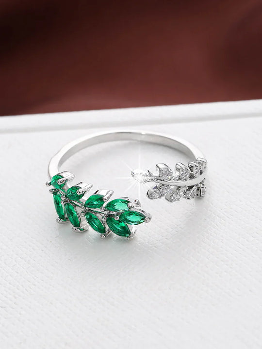 Leaf Motif Crystal Silver Ring | Amelia Bellrose Jewellery