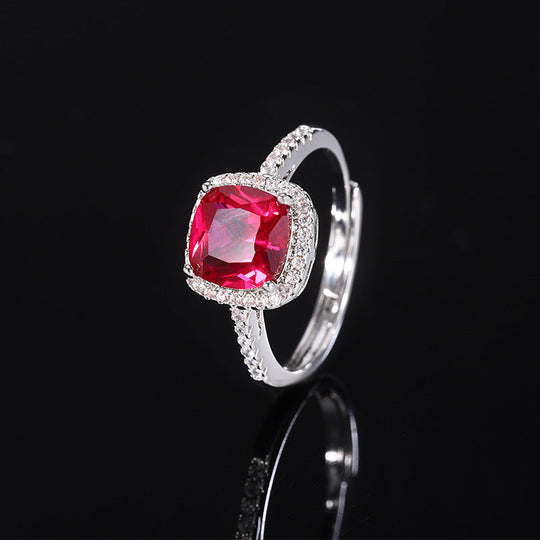 Cushion Cut Red Crystal Ring Silver | Amelia Bellrose Jewellery
