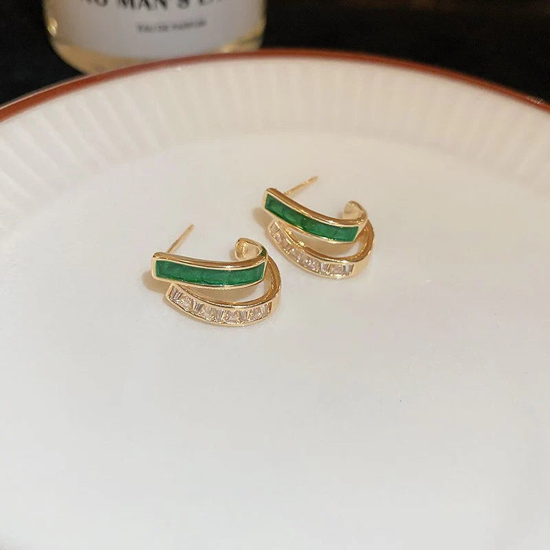 Green Inlay & Baguette Crystal Gold Hoop Earrings | Amelia Bellrose Jewellery