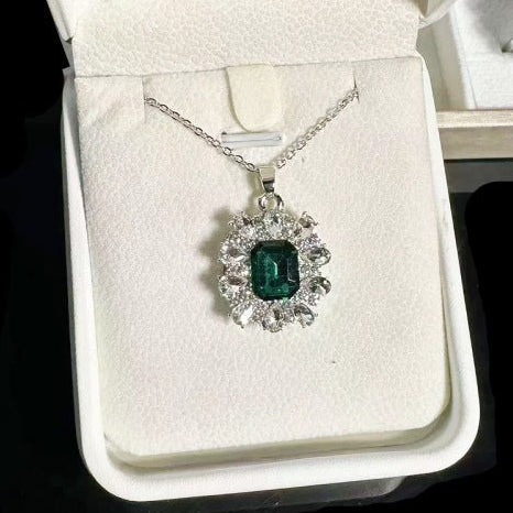 Emerald-Cut Crystal Halo Pendant Necklace | Amelia Bellrose Jewellery