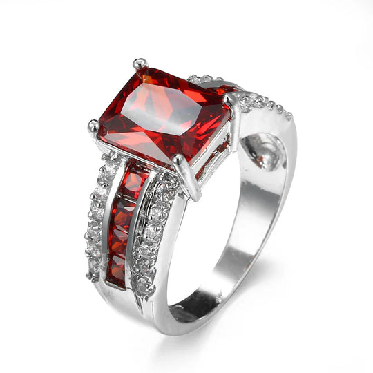 Emerald Cut Red Crystal Ring Silver | Amelia Bellrose Jewellery
