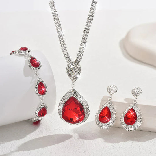 Teardrop Red Crystal Luxury Set Silver | Amelia Bellrose Jewellery