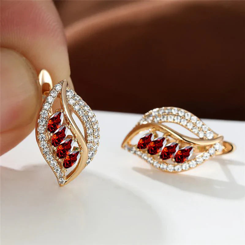 Marquise Red Crystal Leaf Earrings Gold | Amelia Bellrose Jewellery