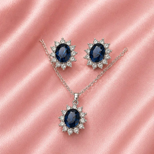 Oval Blue Crystal Floral Halo Jewellery Set | Amelia Bellrose Jewellery