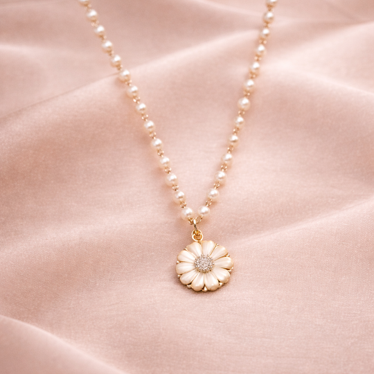 Pearl Chain Daisy Flower Pendant Necklace | Amelia Bellrose Jewellery