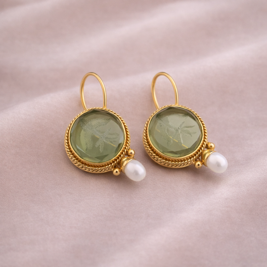 Green Crystal & Pearl Drop Earrings | Amelia Bellrose Jewellery