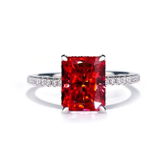 Emerald Cut Red Crystal Ring Silver | Amelia Bellrose Jewellery