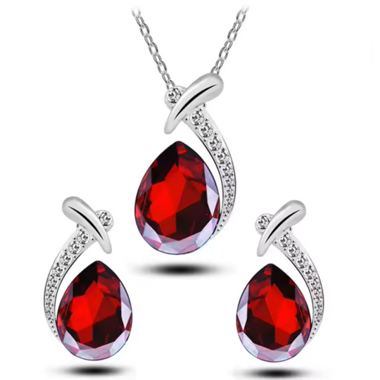 Teardrop Red Crystal Jewellery Set Silver | Amelia Bellrose Jewellery