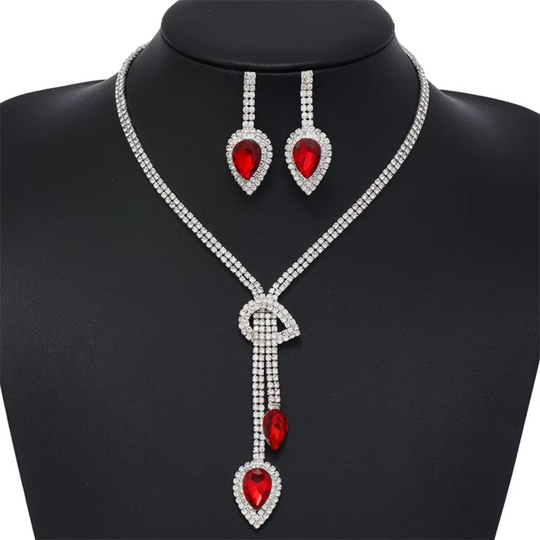 Heart Red Crystal Tassel Jewellery Set Silver | Amelia Bellrose Jewellery