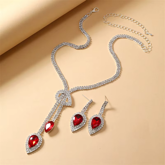 Heart Red Crystal Tassel Jewellery Set Silver | Amelia Bellrose Jewellery