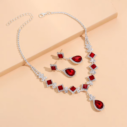 Red Crystal Statement Jewellery Set Silver | Amelia Bellrose Jewellery