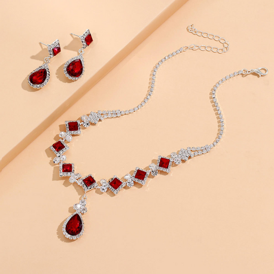 Red Crystal Statement Jewellery Set Silver | Amelia Bellrose Jewellery