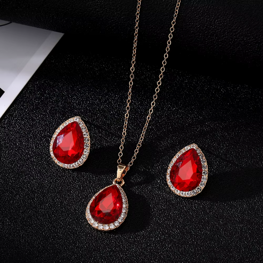 Red Teardrop Crystal Jewellery Set Gold | Amelia Bellrose Jewellery