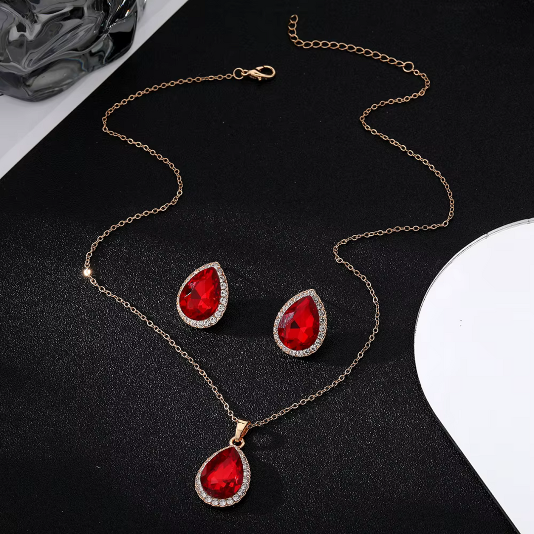 Red Teardrop Crystal Jewellery Set Gold | Amelia Bellrose Jewellery