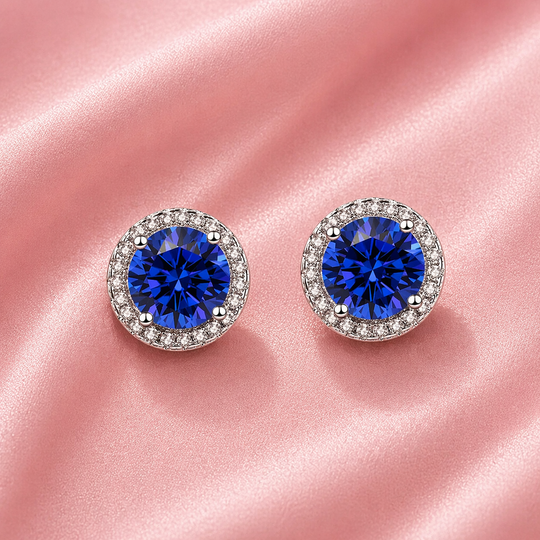 Round Blue Crystal Halo Stud Earrings | Amelia Bellrose Jewellery