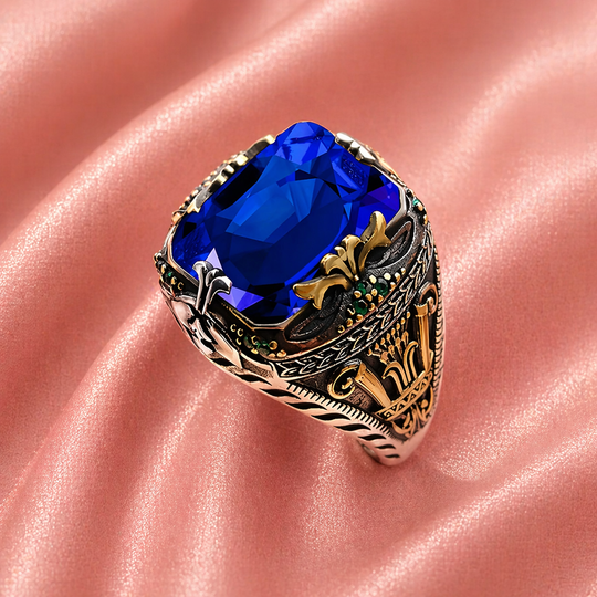 Royal Blue Crystal Engraved Statement Ring | Amelia Bellrose Jewellery