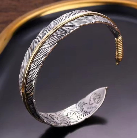 Feather Engraved Open Cuff Bracelet | Amelia Bellrose Jewellery