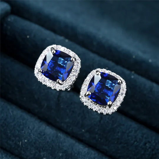 Cushion-Cut Blue Crystal Halo Stud Earrings | Amelia Bellrose Jewellery